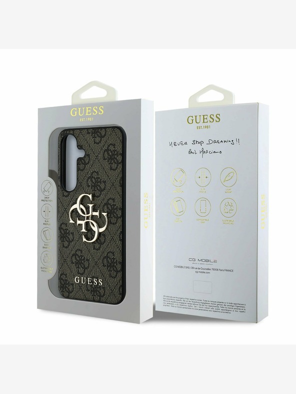 Guess Guess PU 4G kovinski logotip hrbtni ovitek za Samsung Galaxy S25+ rjave barve