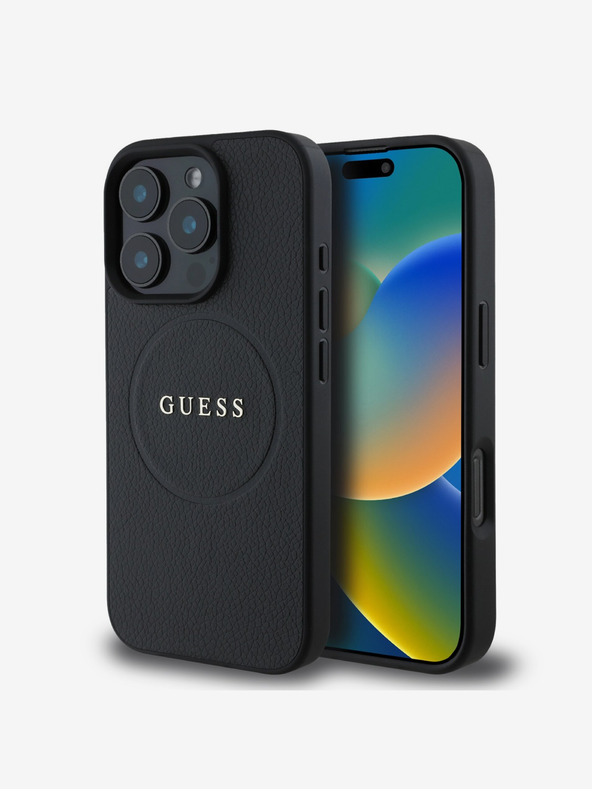 Guess Guess PU Grained Classic Logo MagSafe hrbtni ovitek za iPhone 16 Pro črn