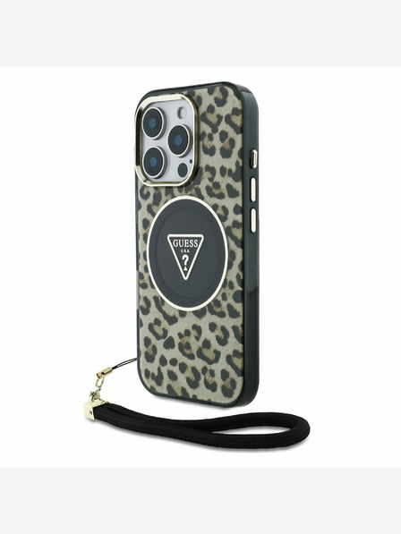 Guess Guess IML Leopard Triangle Logo Strap MagSafe hrbtni ovitek za iPhone 16 Pro Brown