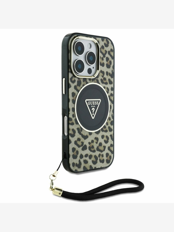 Guess Guess IML Leopard Triangle Logo Strap MagSafe hrbtni ovitek za iPhone 16 Pro Brown