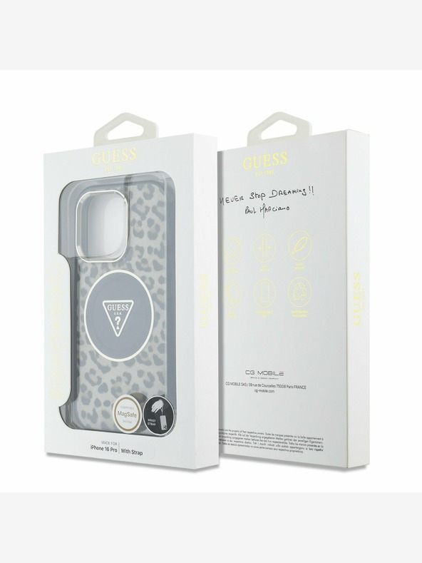 Guess Guess IML Leopard Triangle Logo Strap MagSafe hrbtni ovitek za iPhone 16 Pro Brown