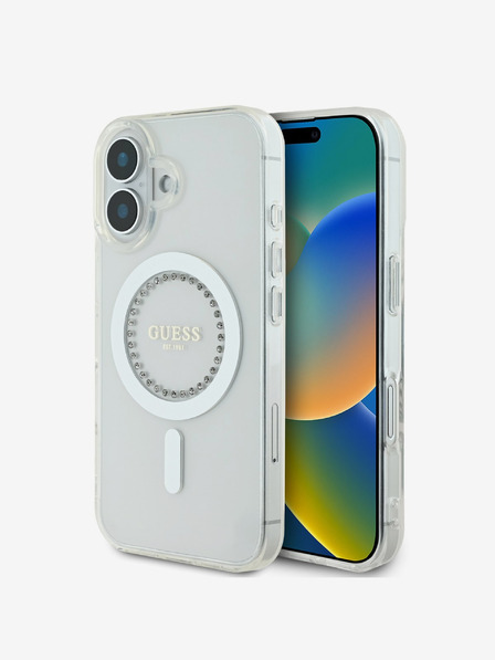 Guess Guess IML Prstan s kamenčki MagSafe hrbtni ovitek za iPhone 16 White