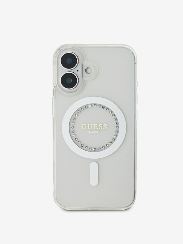 Guess Guess IML Prstan s kamenčki MagSafe hrbtni ovitek za iPhone 16 White