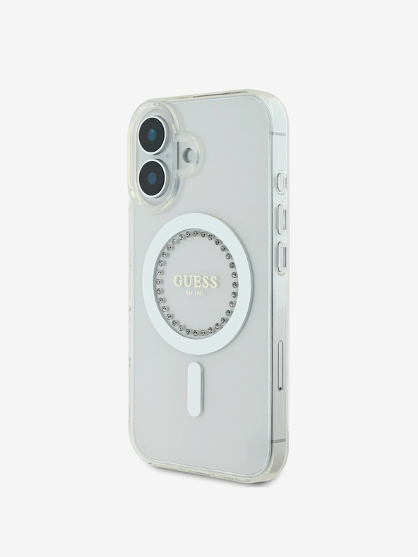 Guess Guess IML Prstan s kamenčki MagSafe hrbtni ovitek za iPhone 16 White