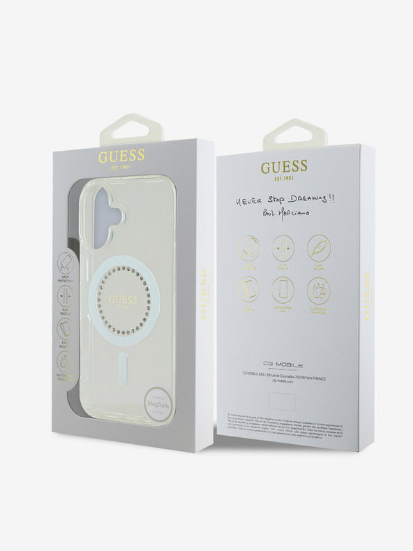 Guess Guess IML Prstan s kamenčki MagSafe hrbtni ovitek za iPhone 16 White