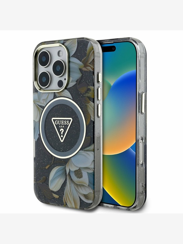 Guess Guess IML bleščeča magnolija in trikotni logotip MagSafe hrbtni ovitek za iPhone 16 Pro Max črn