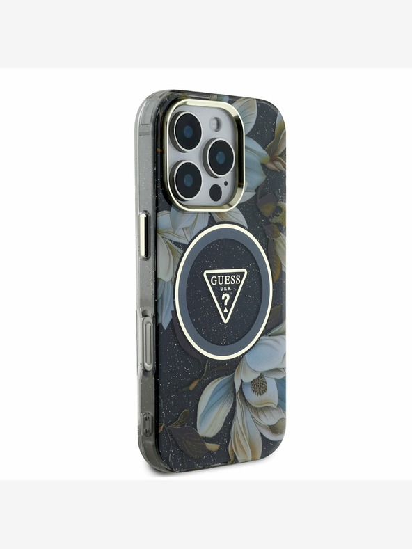 Guess Guess IML bleščeča magnolija in trikotni logotip MagSafe hrbtni ovitek za iPhone 16 Pro Max črn
