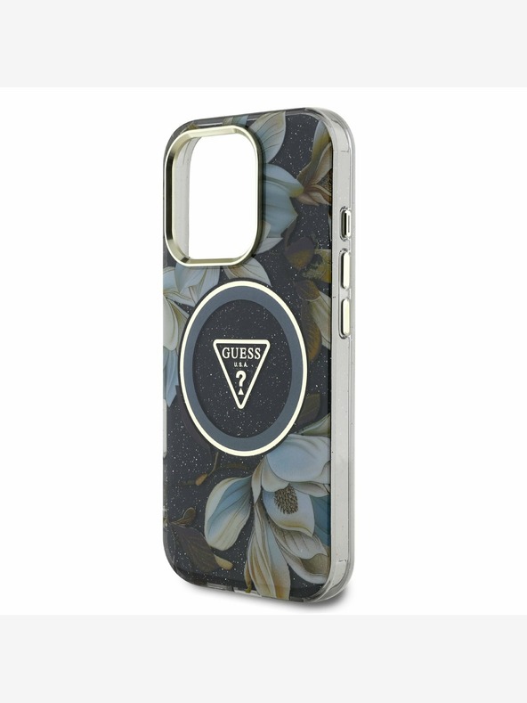 Guess Guess IML bleščeča magnolija in trikotni logotip MagSafe hrbtni ovitek za iPhone 16 Pro Max črn