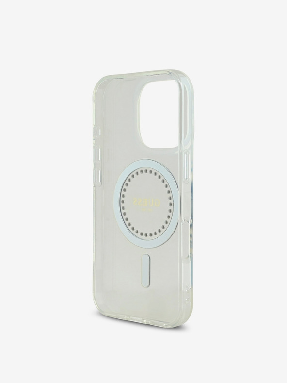 Guess Guess IML Prstan s kamenčki MagSafe hrbtni ovitek za iPhone 16 Pro bel