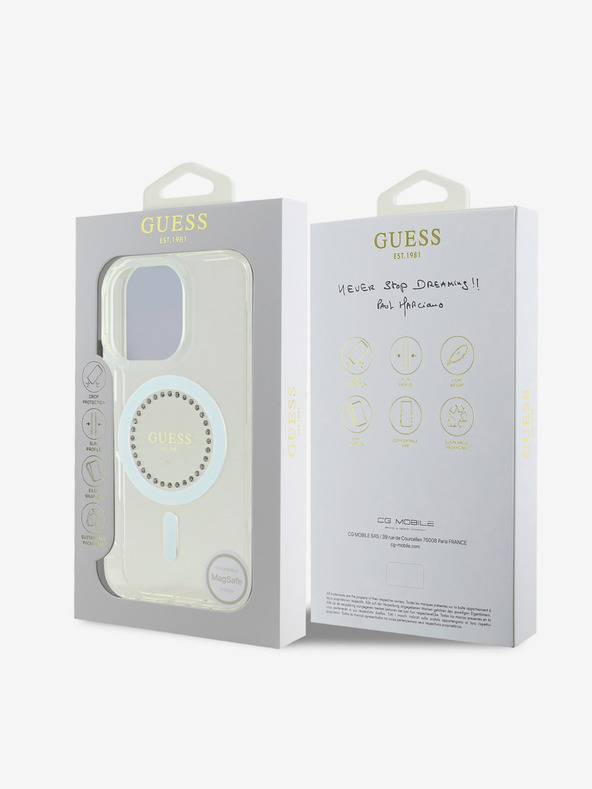 Guess Guess IML Prstan s kamenčki MagSafe hrbtni ovitek za iPhone 16 Pro bel