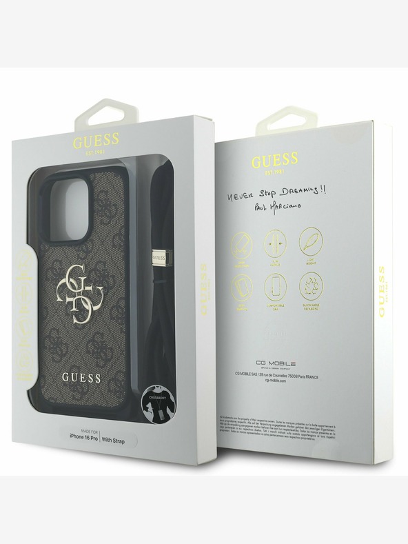 Guess Guess PU PU 4G kovinski logotip s pasom za križ za iPhone 16 Pro rjava