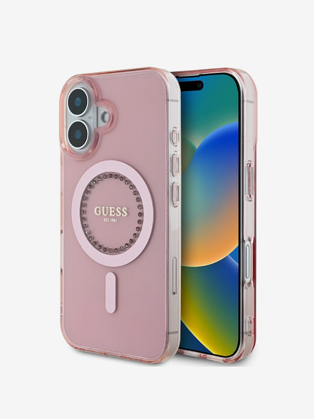 Guess Guess IML Prstan s kamenčki MagSafe hrbtni ovitek za iPhone 16 roza