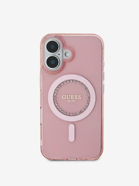 Guess Guess IML Prstan s kamenčki MagSafe hrbtni ovitek za iPhone 16 roza