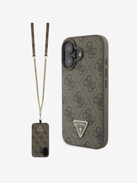 Guess Guess PU 4G Strass Triangle Metal Logo Back Cover + Crossbody Strap za iPhone 16 Brown