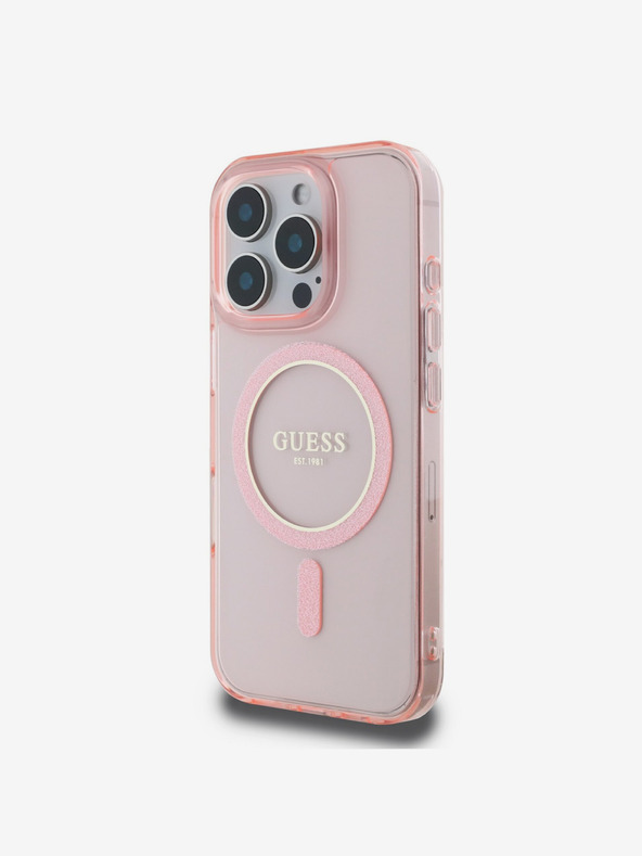 Guess Guess IML bleščeč obroč MagSafe hrbtni ovitek za iPhone 16 Pro Max roza