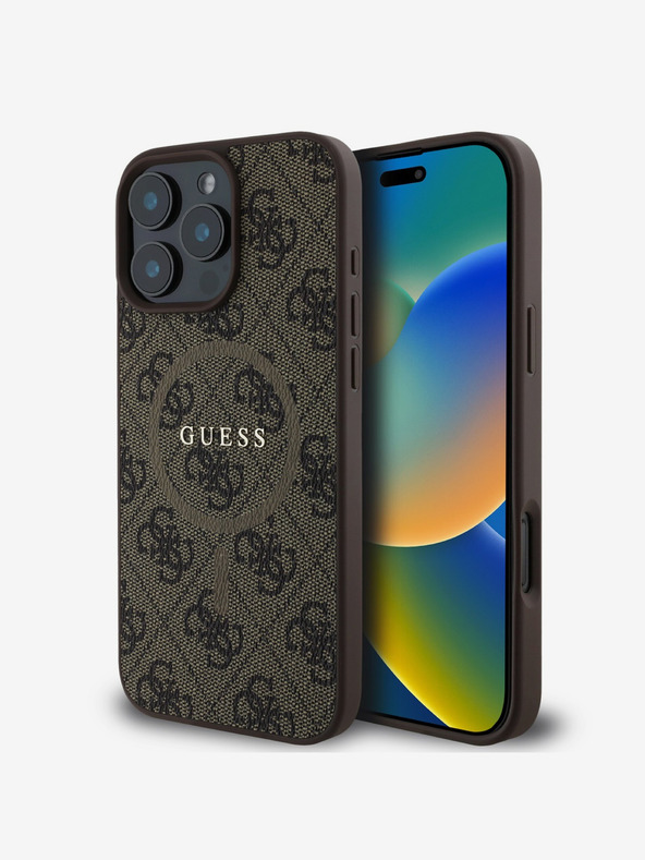 Guess Guess PU usnje 4G barvni obroč MagSafe hrbtni ovitek za iPhone 16 Pro rjave barve