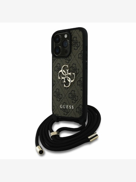 Guess Guess PU 4G kovinski logotip Crossbody trak hrbtni ovitek za iPhone 15 Pro Brown