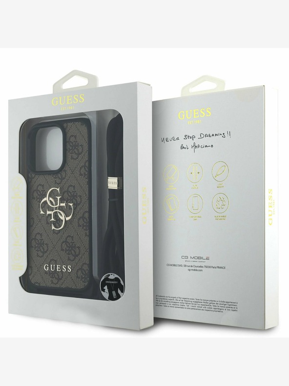 Guess Guess PU 4G kovinski logotip Crossbody trak hrbtni ovitek za iPhone 15 Pro Brown