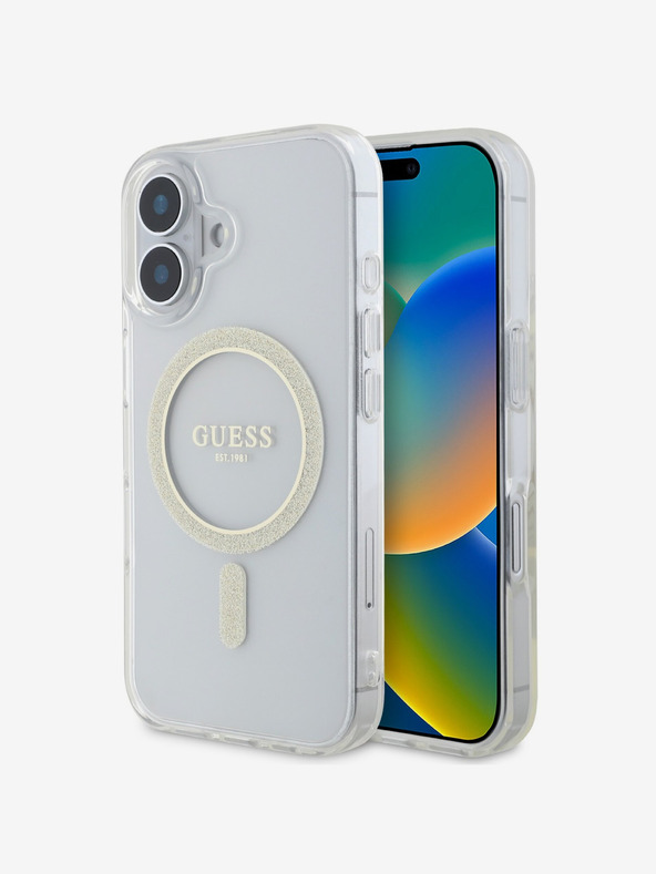 Guess Guess IML Glitter Ring MagSafe zadnji ovitek za iPhone 16 Plus prozoren