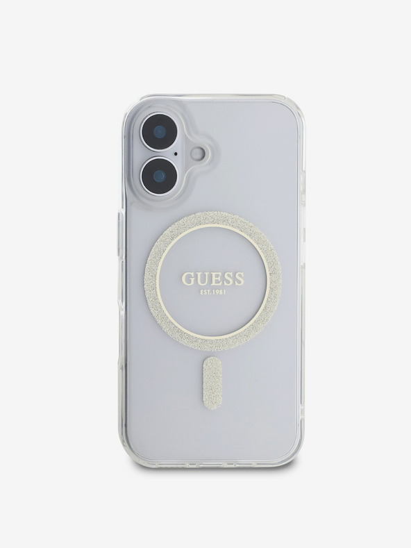 Guess Guess IML Glitter Ring MagSafe zadnji ovitek za iPhone 16 Plus prozoren