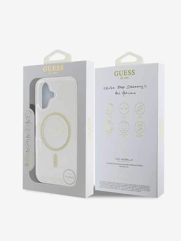 Guess Guess IML Glitter Ring MagSafe zadnji ovitek za iPhone 16 Plus prozoren