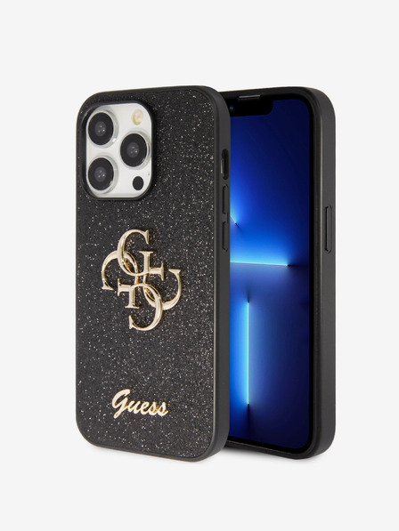Guess Guess PU fiksni kovinski hrbtni ovitek 4G z bleščicami za iPhone 15 Pro Max črn
