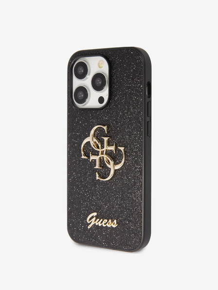 Guess Guess PU fiksni kovinski hrbtni ovitek 4G z bleščicami za iPhone 15 Pro Max črn