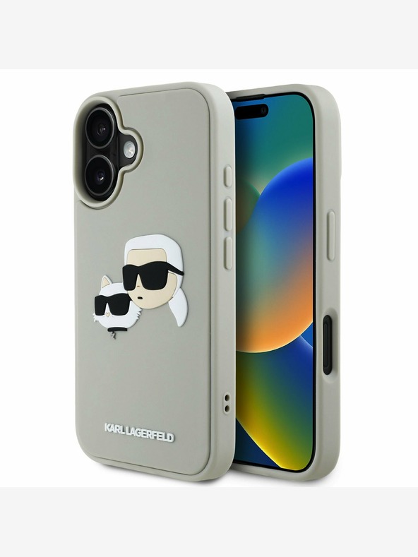 Karl Lagerfeld Karl Lagerfeld 3D gumijast hrbtni ovitek z dvojnimi glavami za iPhone 16 bež