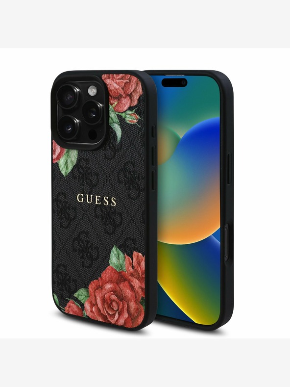 Guess Guess PU Leather 4G Roses MagSafe hrbtni ovitek za iPhone 16 Pro črn