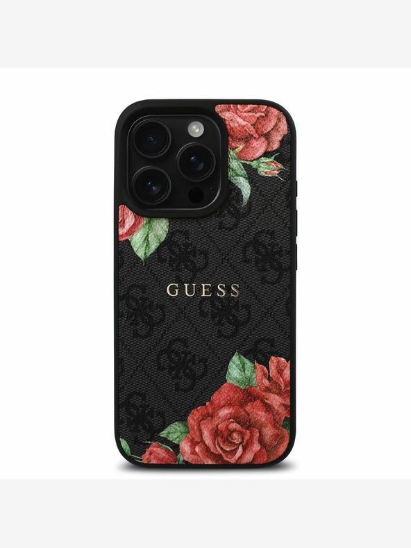 Guess Guess PU Leather 4G Roses MagSafe hrbtni ovitek za iPhone 16 Pro črn
