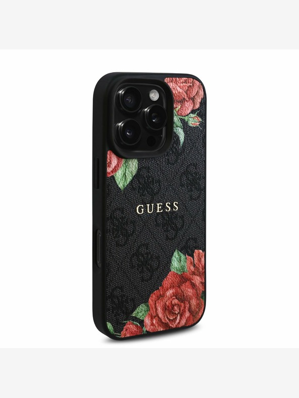 Guess Guess PU Leather 4G Roses MagSafe hrbtni ovitek za iPhone 16 Pro črn