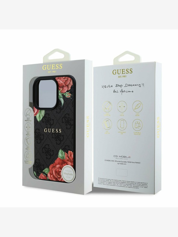 Guess Guess PU Leather 4G Roses MagSafe hrbtni ovitek za iPhone 16 Pro črn