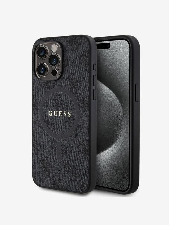 Guess Guess PU usnje 4G barvni obroč MagSafe hrbtni ovitek za iPhone 15 Pro Max črna