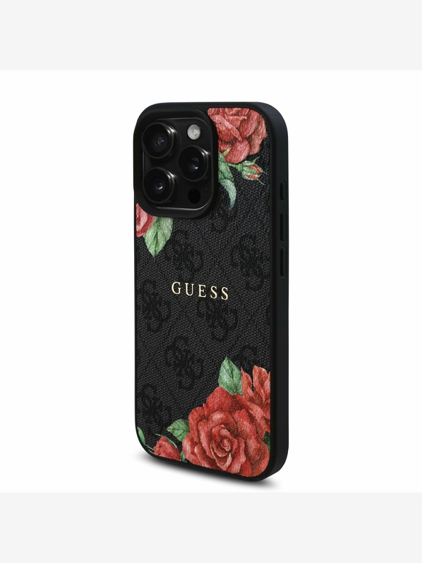 Guess Guess PU Leather 4G Roses MagSafe hrbtni ovitek za iPhone 16 Pro Max Black