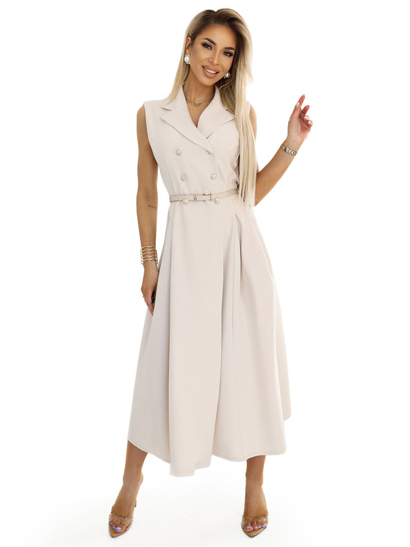 numoco Elegantna midi srajčna obleka z zlatimi gumbi in pasom - bež Numoco