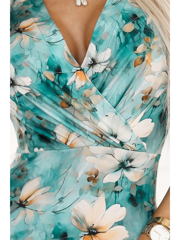 numoco Prilegajoča se obleka z izrezom v obliki svinčnika - bež cvetje na turkiznem ozadju Numoco