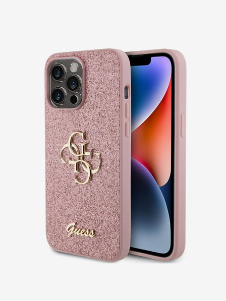 Guess Guess PU fiksni kovinski zadnji ovitek z logotipom 4G in bleščicami za iPhone 15 Pro Max roza