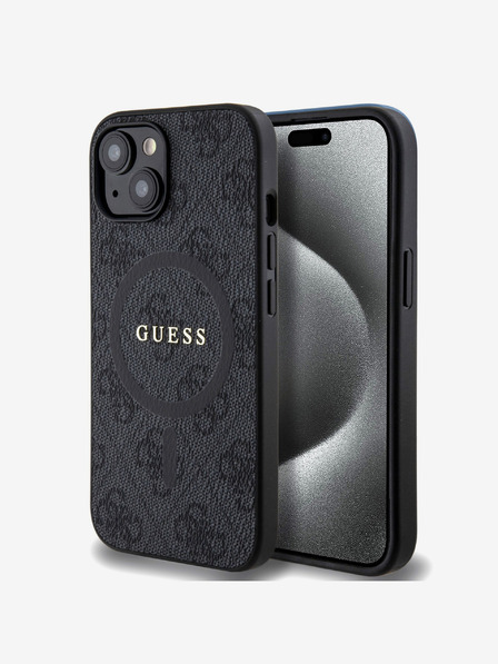 Guess Guess PU usnje 4G barvni obroč MagSafe hrbtni ovitek za iPhone 15 črna