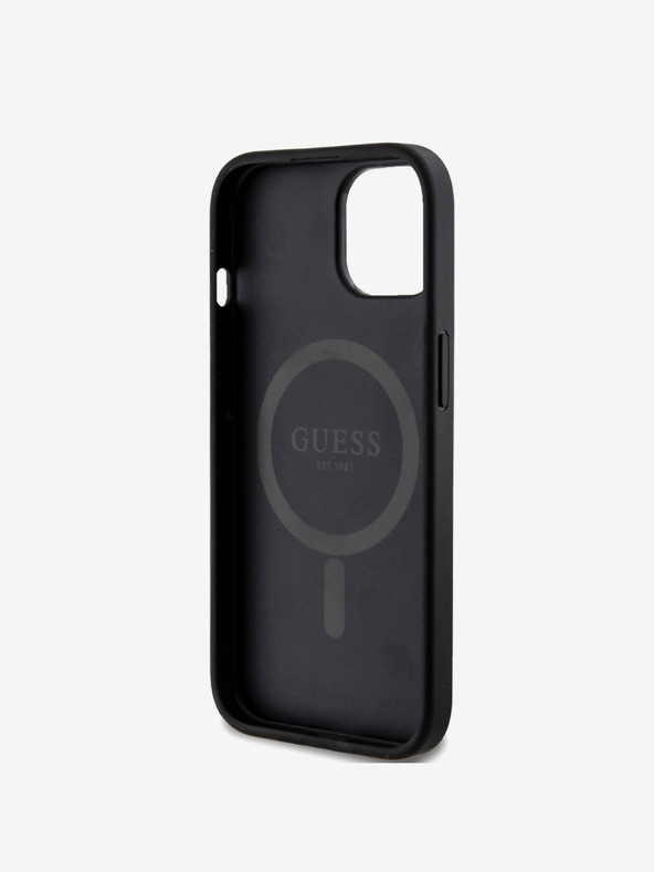 Guess Guess PU usnje 4G barvni obroč MagSafe hrbtni ovitek za iPhone 15 črna
