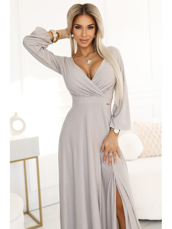 numoco Bleščeča dolga obleka NELA z vogalom, dolgimi rokavi in razporkom na nogah Numoco