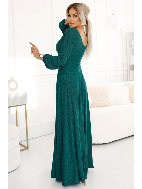 numoco Bleščeča dolga obleka s posadkinim vratom, dolgimi rokavi in razporkom za noge Numoco