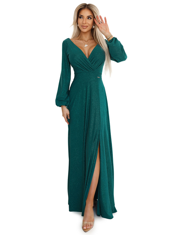 numoco Bleščeča dolga obleka s posadkinim vratom, dolgimi rokavi in razporkom za noge Numoco