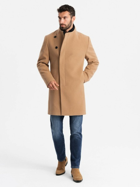 Ombre Clothing Moški plašč z asimetričnim zapenjanjem in visokim ovratnikom svetlo rjave barve Ombre Clothing