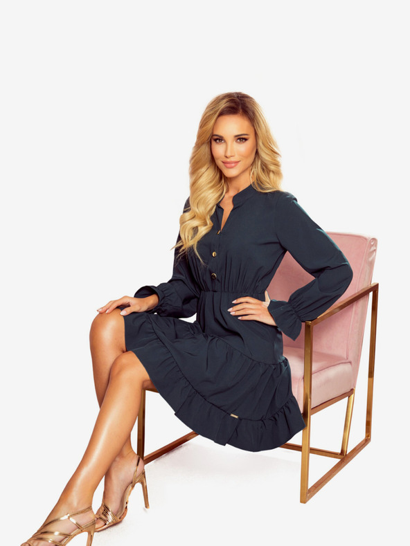 numoco Zelena obleka z volani in zlatimi gumbi Numoco