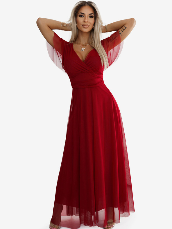 numoco Dolga obleka z izrezom in kratkimi rokavi - bordo Numoco NASTIA