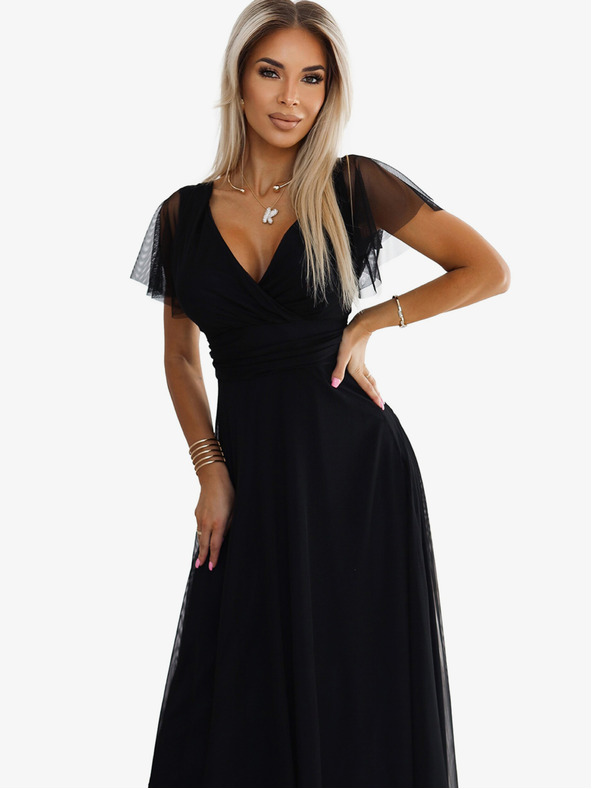 numoco Dolga obleka z izrezom in kratkimi rokavi - črna Numoco NASTIA