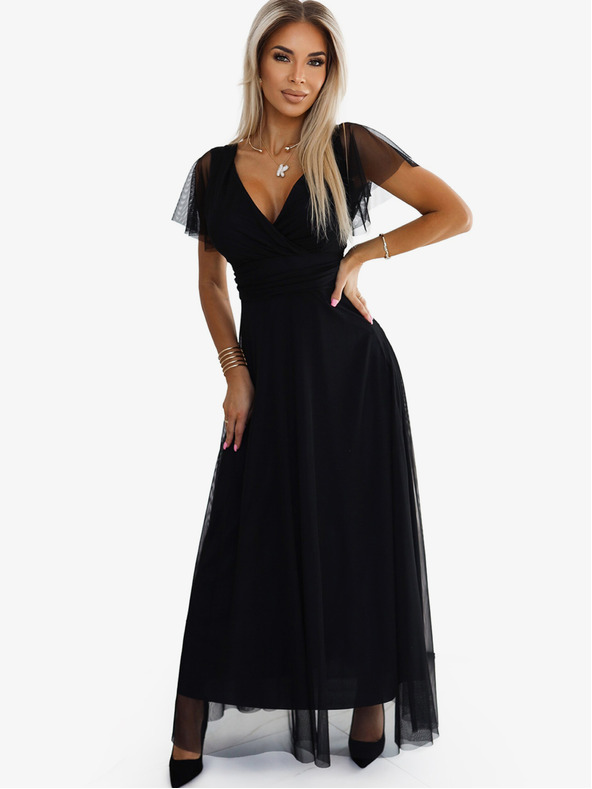 numoco Dolga obleka z izrezom in kratkimi rokavi - črna Numoco NASTIA