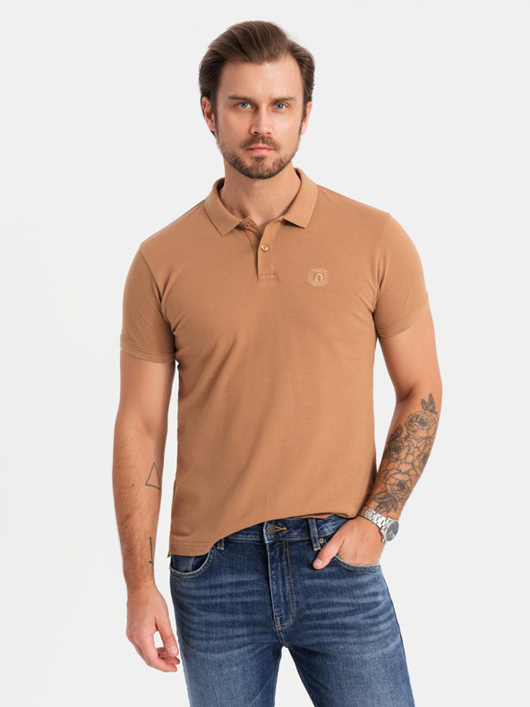 Ombre Clothing Moška bombažna polo majica BASIC - bela/bela/svetlo rjava V6 OM-POBS-0133 Ombre Clothing