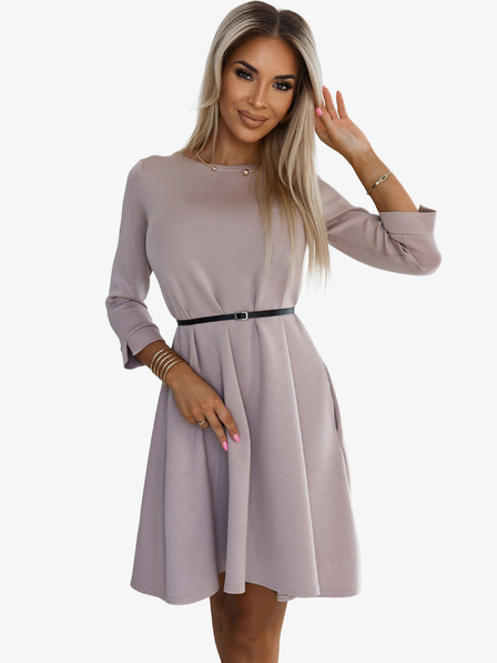 numoco Klasična obleka v obliki trapeza s črnim pasom - bež Numoco