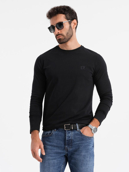 Ombre Clothing Moška majica SLIM FIT z dolgim rokavom in izrezom V, elastanom in črnim potiskom Ombre Clothing
